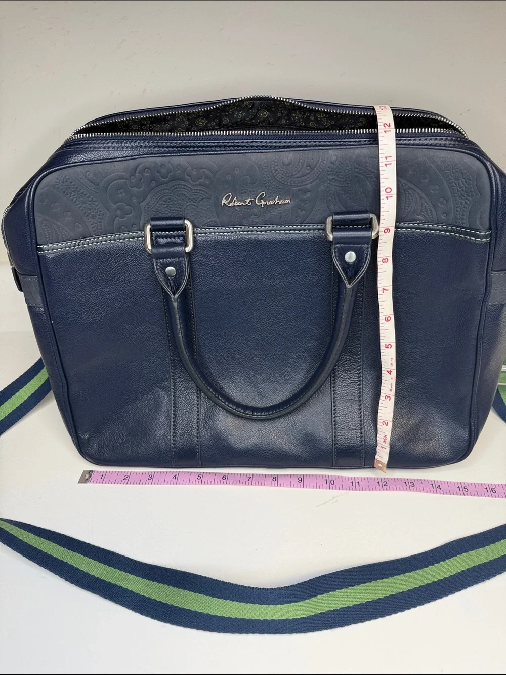 Robert Graham Navy Leather Laptop Bag with Blue and Green Strap